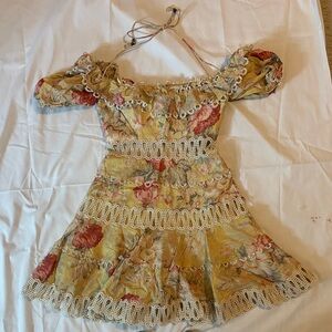 Zimmermann Yellow Floral Puff-Sleeve Dress with Pearl Trim